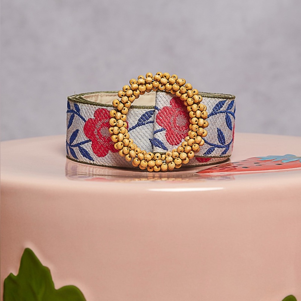 171-BLUE REDDISH POL Beaded Buckle Embroidered Floral Belt